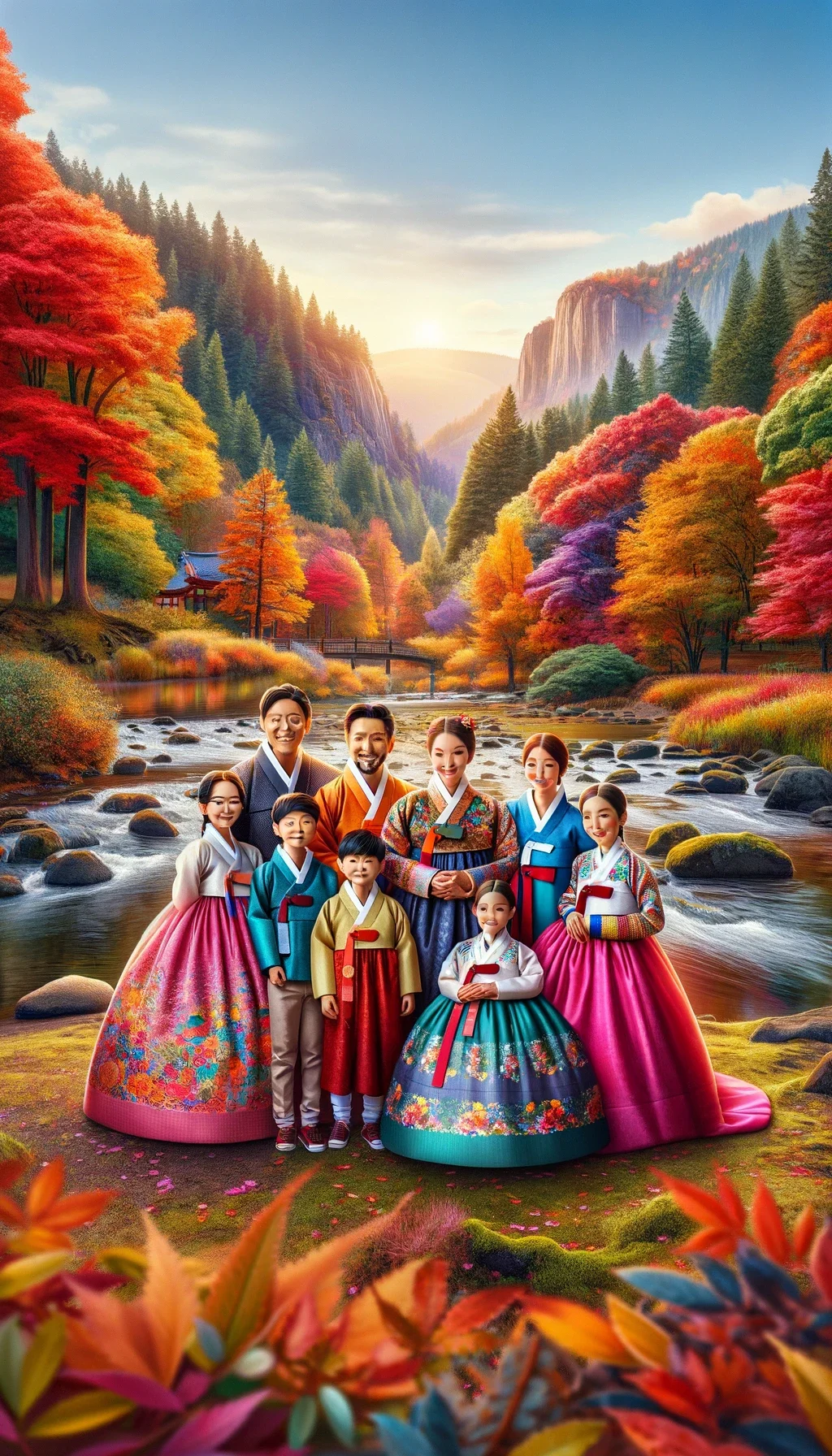DALL·E-2024-02-20-21.00.07-A-heartwarming-scene-of-a-Korean-family-including-parents-and-children-wearing-traditional-Korean-hanbok-standing-together-in-a-beautiful-Oregon-pa.webp